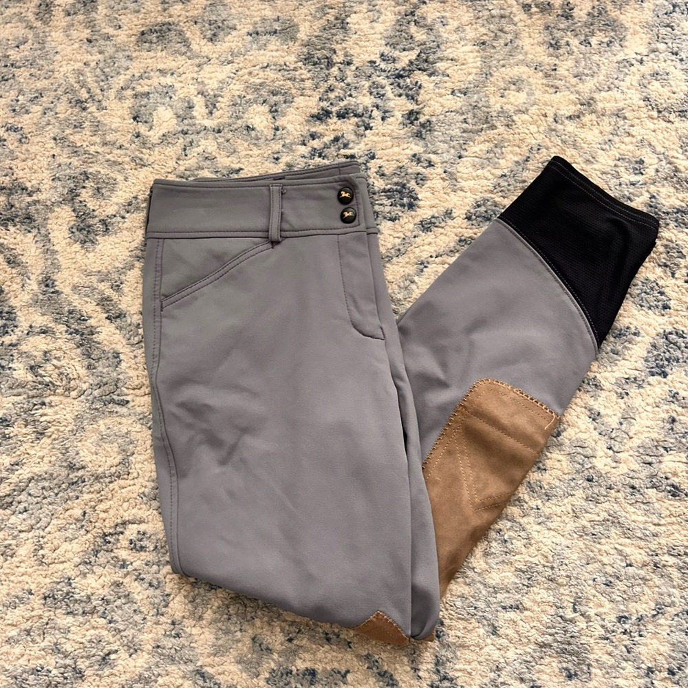 Gray and Tan Equestrian Riding Pants with Soft Texture
